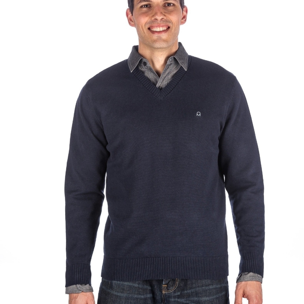 Noble Mount Navy V-neck cotton sweater NEW